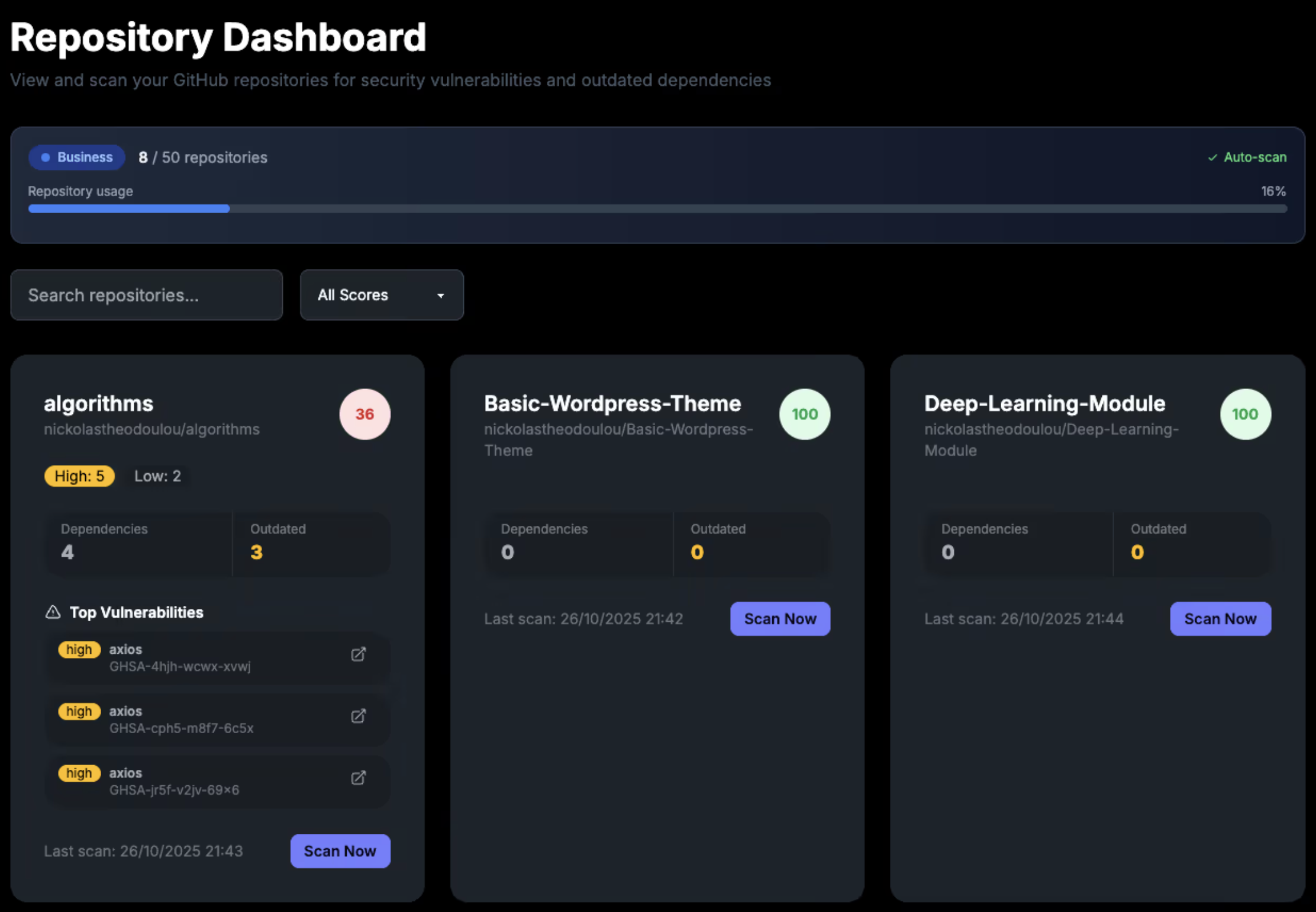 NPM Scan dashboard