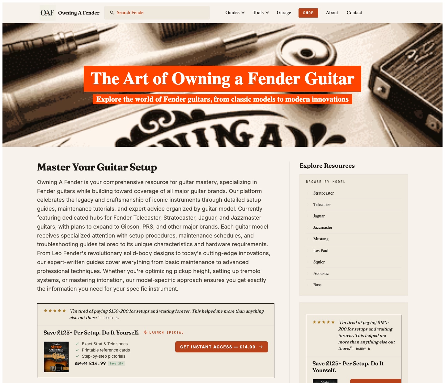 Screenshot of the owningafender.com homepage