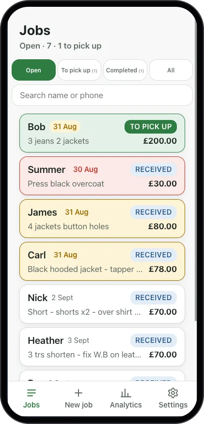 The job queue, with ready-for-collection statuses